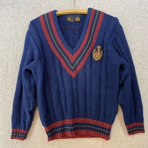 Vintage Liz Sport Sweater Petite 19.5" Bust Navy Cable Knit V-Neck With Crest